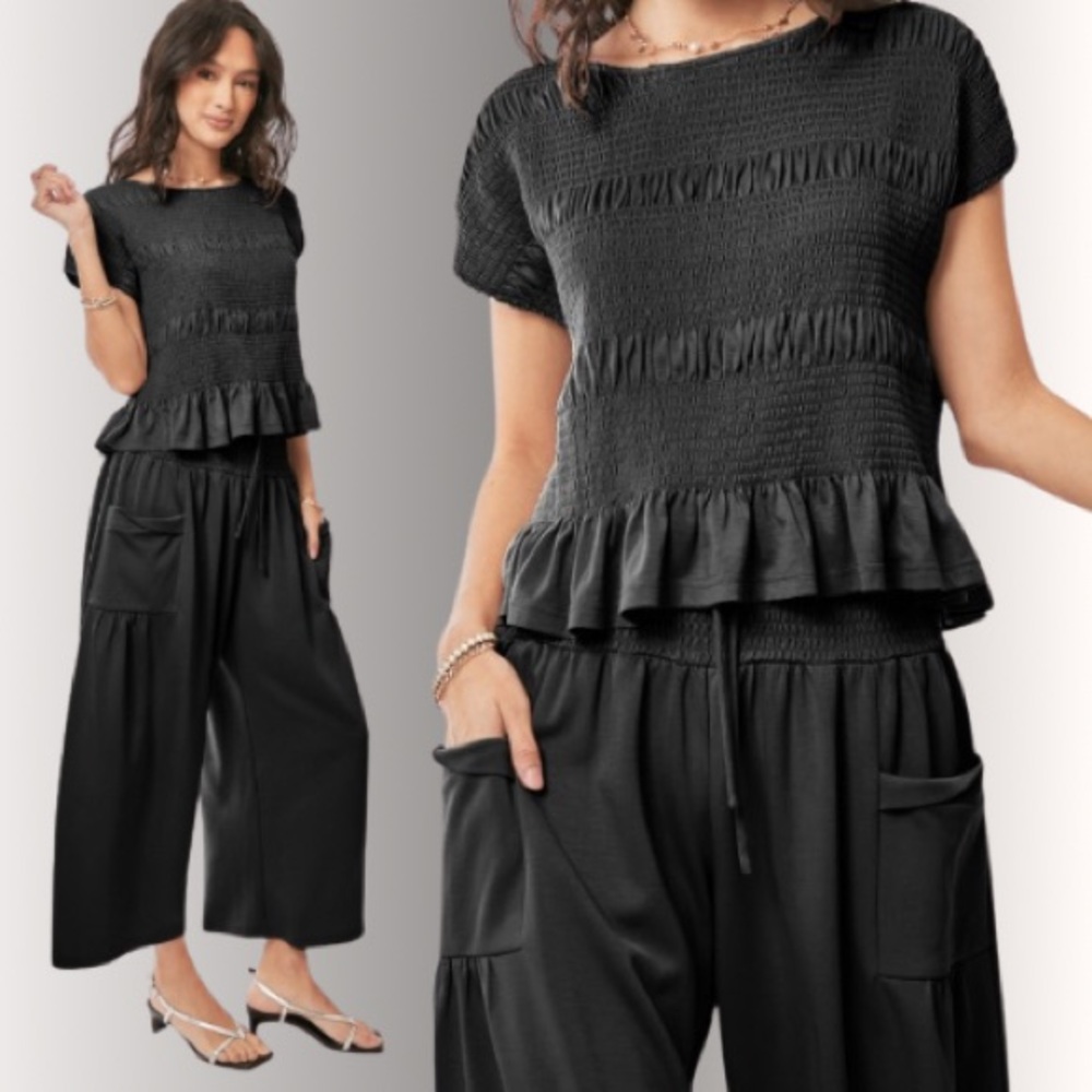 NEW DAVI & DANI CHIC SMOCKED SET WIDE LEG PANTS & MATCH RUFFLE TOP